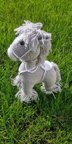 handmade crochet light grey horse plushie with curly mane