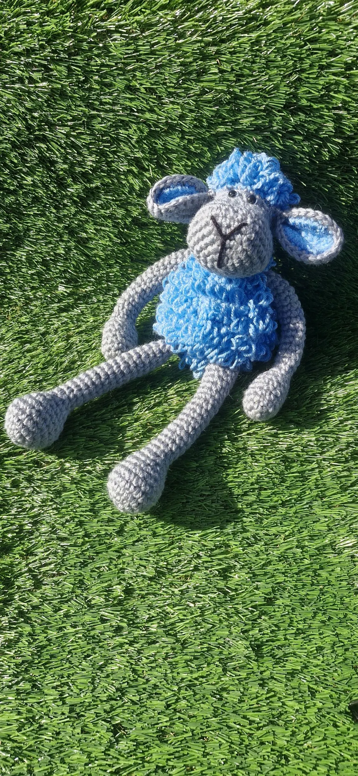 Handmade Crochet Lamb Plushie – Long Legs Blue & Grey - Image 3