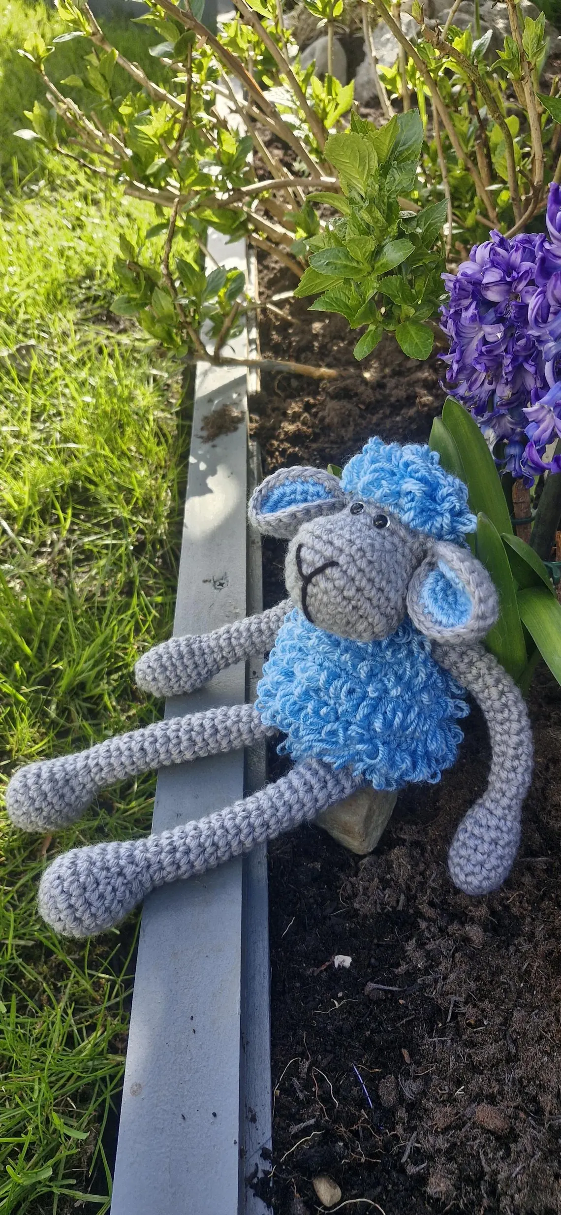Handmade Crochet Lamb Plushie – Long Legs Blue & Grey - Image 6