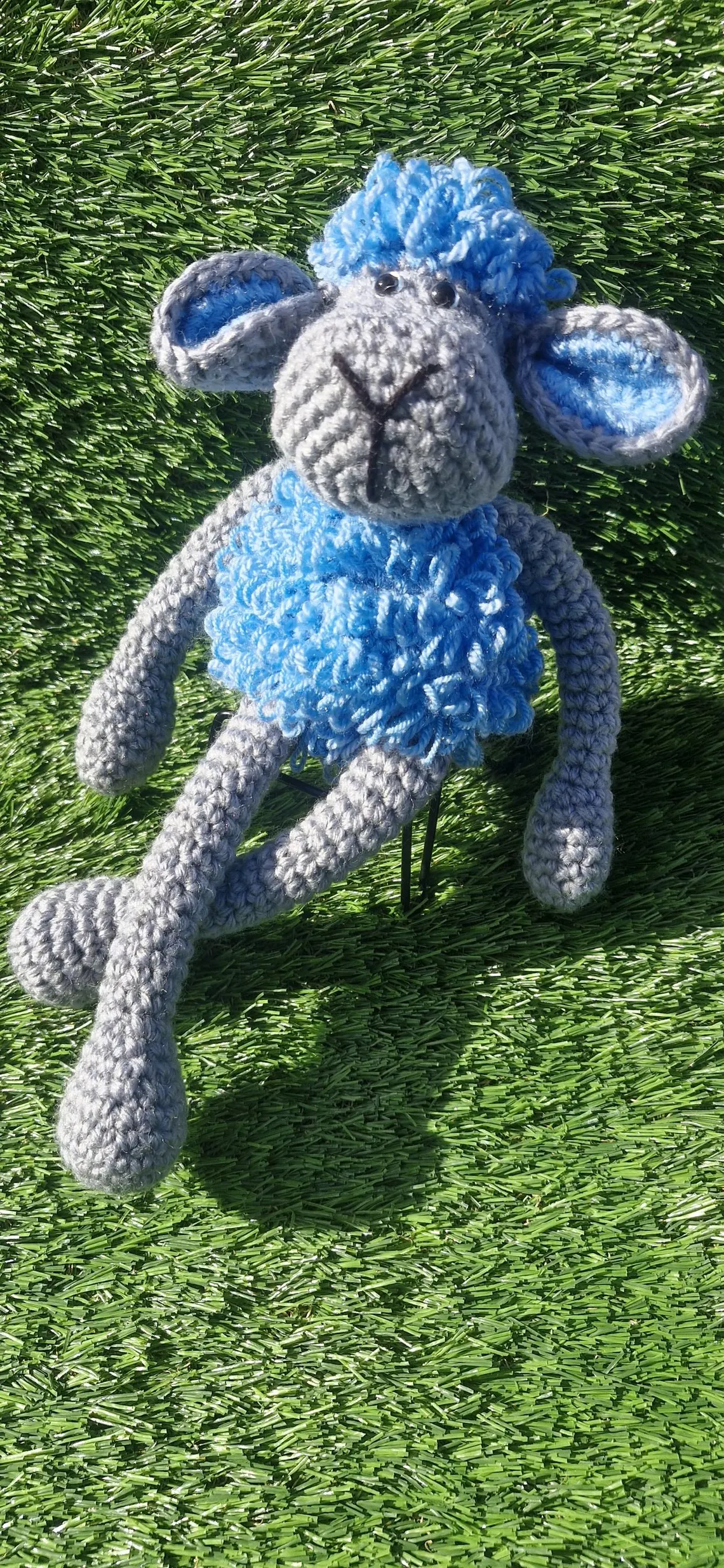 Handmade Crochet Lamb Plushie – Long Legs Blue & Grey - Image 4