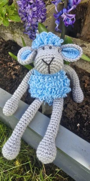 handmade crochet lamb plushie long legs blue grey soft toy