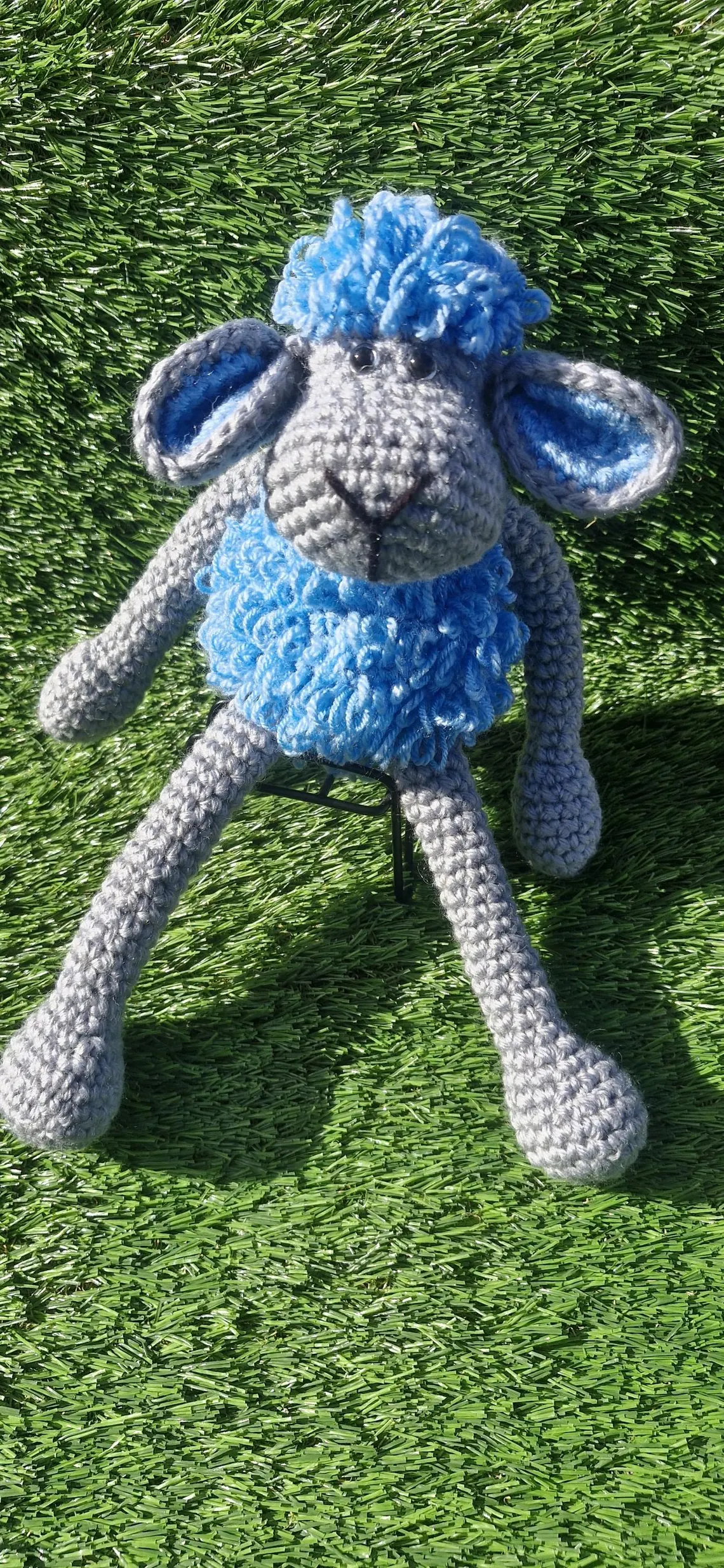 Handmade Crochet Lamb Plushie – Long Legs Blue & Grey - Image 5